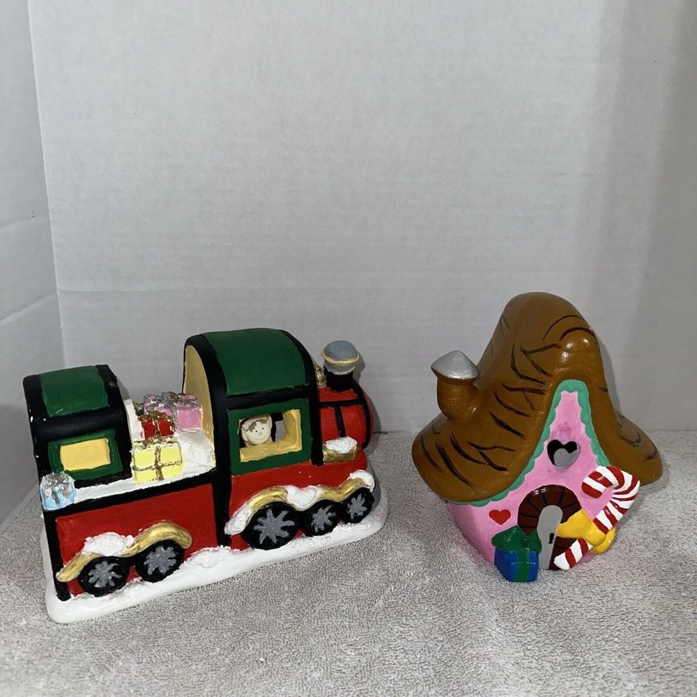 Lot/Set of 2 VTG Ceramic Christmas Candy House & Train ~ Hand Painted